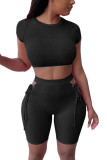 Black Fashion Sexy adult Ma'am Solid Two Piece Suits Straight Short Sleeve Two Pieces