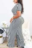 blue stripe Casual Striped Regular Short Sleeve Two Pieces
