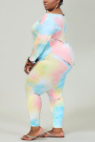 Pink Fashion Casual adult Ma'am O Neck Tie Dye Two Piece Suits Stitching Plus Size