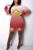 Moda roja Sexy adulto señora manga casquillo mangas largas cuello redondo falda falda vestidos estampados