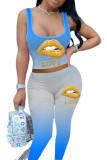 Blue Sexy Europe and America Print Lips Print pencil Sleeveless Two Pieces