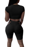 Black Fashion Sexy adult Ma'am Solid Two Piece Suits Straight Short Sleeve Two Pieces