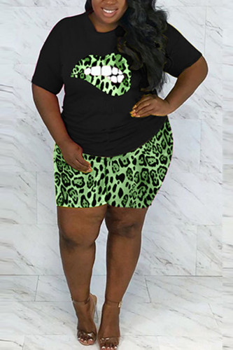 Groene mode casual volwassen mevrouw O-hals print tweedelige pakken patroon plus maat