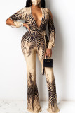 Khaki Fashion Sexy Print Long Sleeve V Neck Jumpsuits