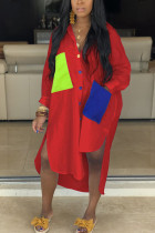 Rote Mode für Erwachsene Ma'am Street Hemdärmel Lange Ärmel Umlegekragen Asymmetrische knöchellange Patchwork-feste Kleider