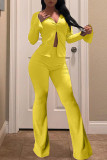 Yellow Elastic Fly Long Sleeve Mid Solid Loose Pants Bottoms