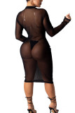 Черная мода Sexy Ma'am Твердые перспективные платья с круглым вырезом и ступенчатой ​​​​юбкой