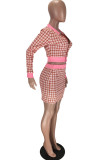 Pink Blends Celebrities Plaid Patchwork Print Hip skirt Long Sleeve Two Pieces