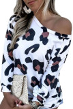 White One Shoulder Collar Long Sleeve Leopard Slim fit Tops