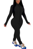 Black Fashion Sexy Solide rits Melk. Jumpsuits met lange mouwen en O-hals