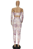 Pink Blends Sexy Print backless Draped HOLLOWED OUT pencil Long Sleeve Two Pieces
