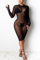 Zwarte Mode Sexy Mevrouw Effen perspectief O-hals Stap Rok Jurken