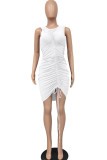 ホワイト ファッション セレブ 大人 マアム タンク ノースリーブ O ネック ステップ スカート 膝丈 ソリッド ドレープ ドレス
