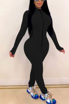 Black Fashion Sexy Fermeture à glissière solide Lait. Combinaisons à manches longues et col rond