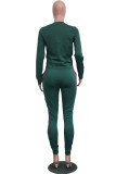Black Green Drawstring Mid Solid Patchwork pencil Pants Two-piece suit