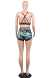 Camouflage Milk Silk Sexy Plaid Print Camouflage Straight Sleeveless Two Pieces