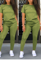 Groen, sexy effen normaal tweedelige broek met korte mouwen