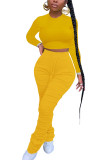 Amarelo moda adulto senhora rua sólido drapeado ternos de duas peças lápis manga longa duas peças