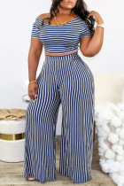 blue stripe Casual Striped Regular Short Sleeve Two Pieces