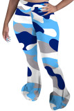 Bas de pantalon skinny bleu élastique à volants et imprimé mi-long