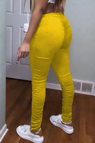 Yellow Elastic Fly High Solid Draped pencil Pants Bottoms