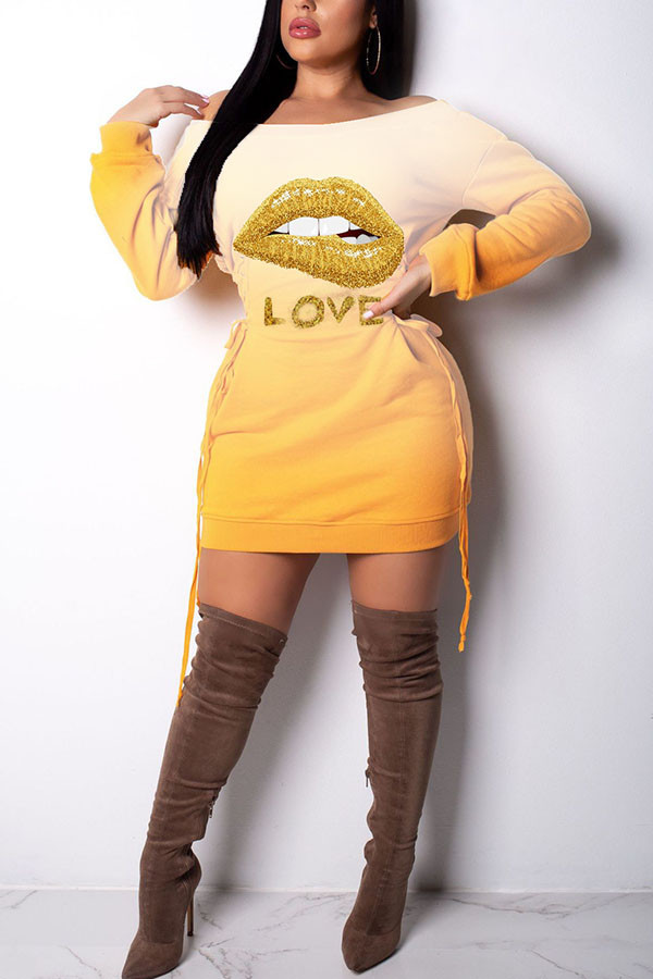 Gelbe Mode Sexy Erwachsene Ma'am Flügelärmel Lange Ärmel O-Ausschnitt Stufenrock Rock Print Kleider