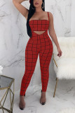 Wine Red venetian Fashion adult Europe and America Ma'am Plaid Two Piece Suits pencil Sleeveless Two Pieces