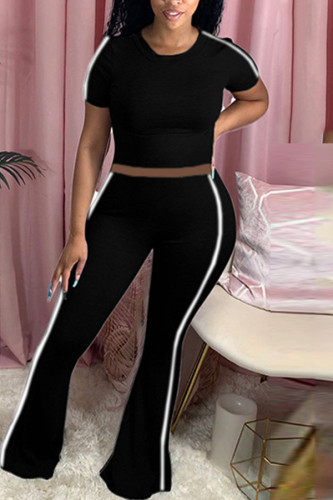 Black venetian Fashion Casual adult Ma'am Solid Two Piece Suits Harlan pants Short Sleeve Two Pieces