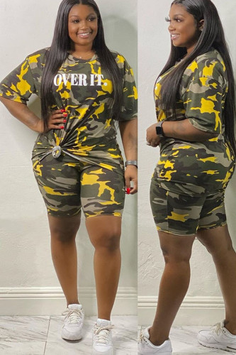 Geel Mode Casual volwassen Mevrouw O Hals Brief Camouflage Tweedelige Pakken Stiksels Plus Size
