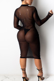 Черная мода Sexy Ma'am Твердые перспективные платья с круглым вырезом и ступенчатой ​​​​юбкой