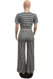 Black and white Casual Striped Regular Short Sleeve Two Pieces
