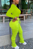 Fluorescent green Fashion adult Ma'am Street Solid Draped Two Piece Suits pencil Long Sleeve Two Pieces
