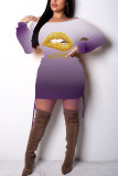 Фиолетовая модная сексуальная взрослая мэм с коротким рукавом и длинными рукавами с круглым вырезом, ступенчатая юбка, юбка с принтом, платья