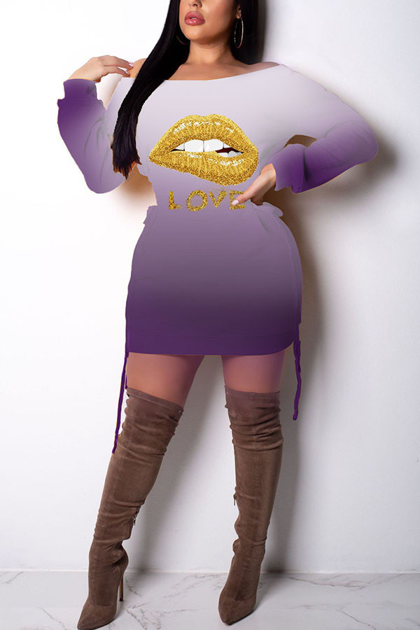 purple Fashion Sexy adult Ma'am Cap Sleeve Long Sleeves O neck Step Skirt skirt Print Dresses