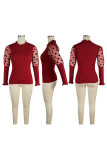Wine Red O Neck Long Sleeve Patchwork Solid Tops