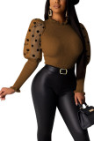 Coffee O Neck Long Sleeve Patchwork Solid Tops