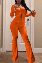 Oranje elastische mid-effen losse broek met lange mouwen en losse broek