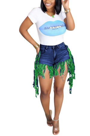 Green Tassel Design Hot Pants Distressed Fringed Denim Shorts