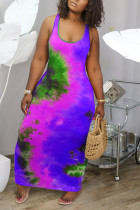 Фиолетовое сексуальное облегающее платье без рукавов с круглым вырезом и принтом до щиколотки Платья с галстуком и краской
