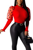 Red O Neck Long Sleeve Patchwork Solid Tops