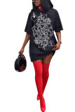 Black Fashion adult Ma'am Street Cap Sleeve Half Sleeves O neck Step Skirt skirt Print Dresses