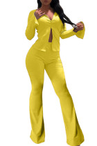 Желтые однотонные свободные брюки средней длины с длинными рукавами и эластичной ширинкой