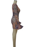 Абрикосовый модный сексуальный комбинезон с длинными рукавами и круглым вырезом