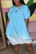 Light Blue Casual Short Sleeves O neck Straight Mini Solid Dresses