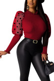 Wine Red O Neck Long Sleeve Patchwork Solid Tops
