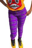 Bas de pantalon droit violet avec fermeture éclair et carreaux mi-hauts