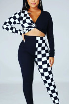 Black Polyester Fashion Sexy adult Ma'am Patchwork Print Two Piece Suits pencil Long Sleeve Two Pieces