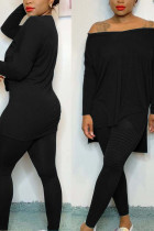 Black Casual Solid pencil Long Sleeve Two Pieces