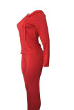 Red Blends Sweet Patchwork Solid pencil Long Sleeve Two Pieces