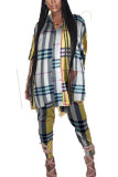 Yellow Milk Silk Fashion Casual adult Ma'am Plaid Print Two Piece Suits pencil Half Sleeve Two Pieces